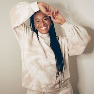 A&F Pink & White Tie Dye Print Mock Neck Turtleneck Balloon Sleeve Sweatshirt